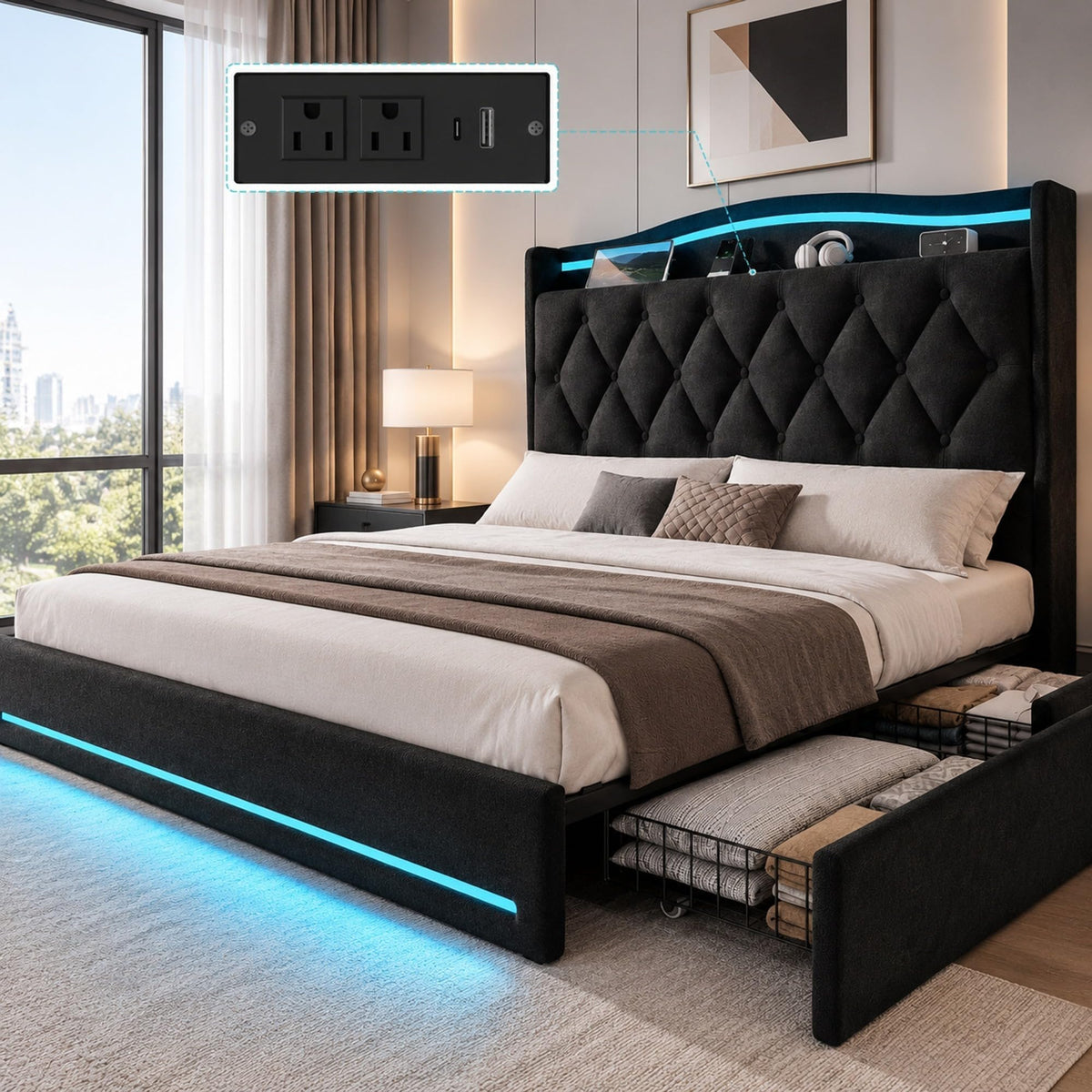 YITAHOME King Size Bed Frame with 3 Storage Drawers and RGB LED Lights