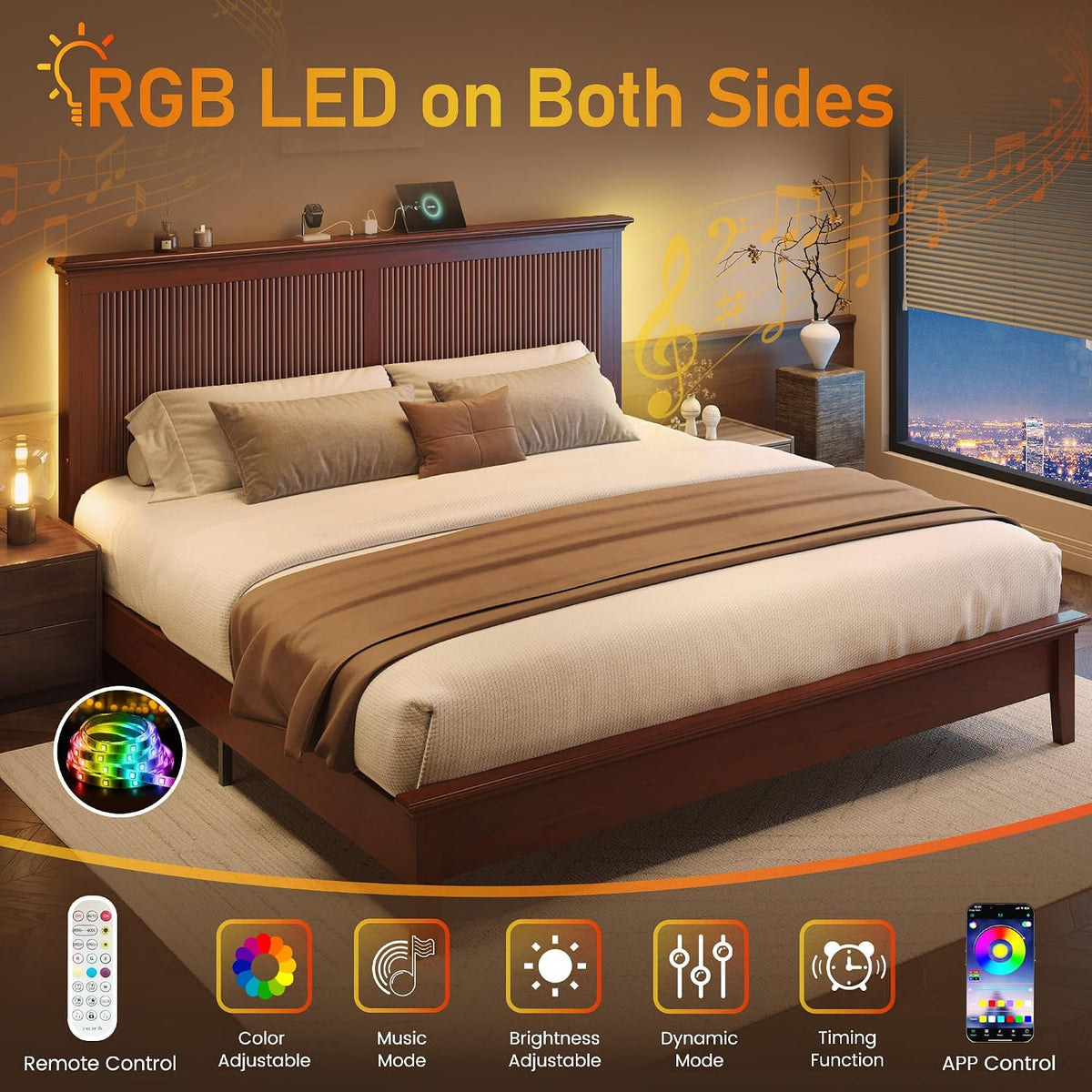 Lifezone King Bed Frame with Headboard, Solid Wood Bed Frame King Size with Charging Station & RGB LED, Wood Slats Support, Noise-Free, Sturdy Structure, Easy Assembly, Mahogany