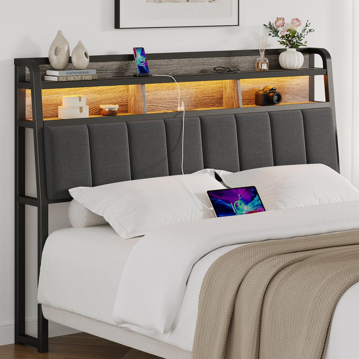 ComfyCorner King Size Headboard with Storage & LED Light, Black & Brown