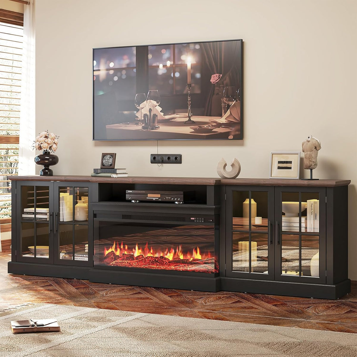 98" Farmhouse TV Stand with 36" Fireplace, Black & Black