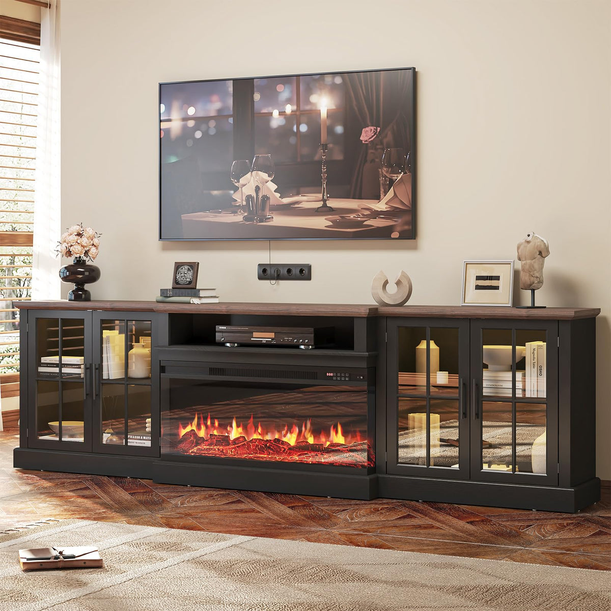98" Farmhouse TV Stand with 36" Fireplace, Black & Black
