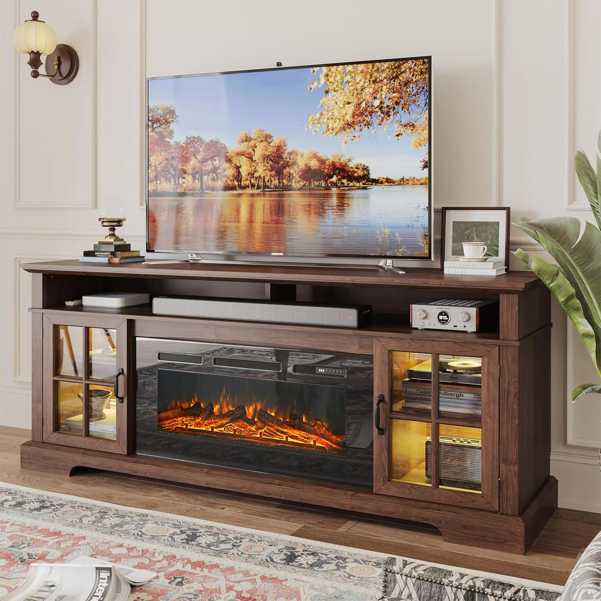 70" TV Stand with Electric Fireplace, Modern Entertainment Center for TVs Up to 80 Inches, Media Console with Storage Cabinets & Doors, Farmhouse Style for Living Room, Black