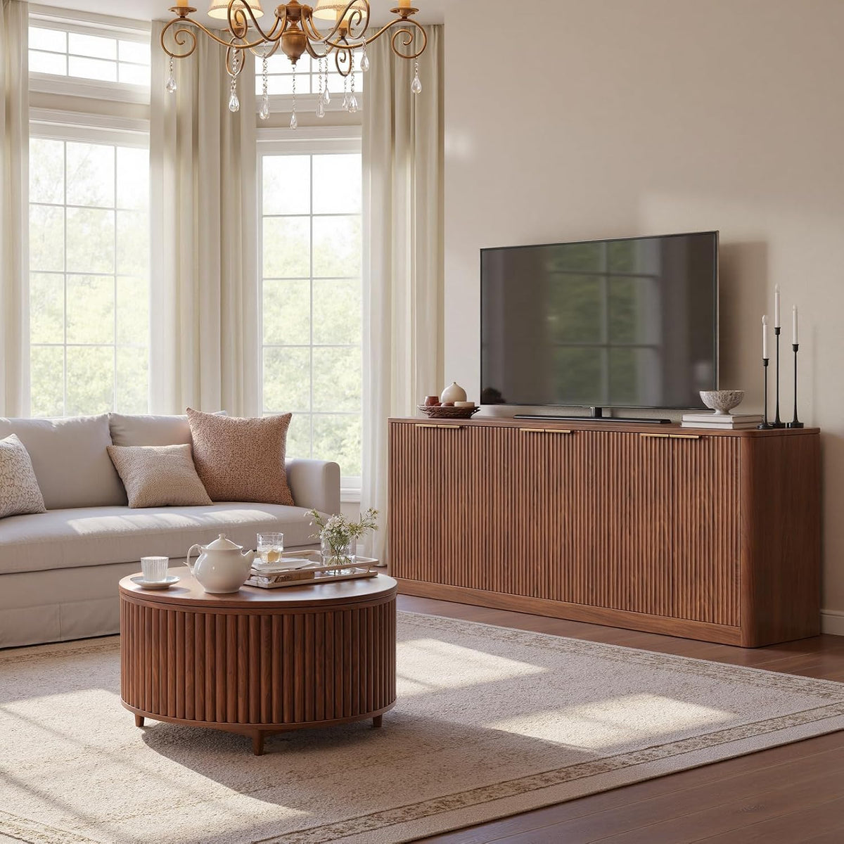 Evermagin 67" Walnut Fluted TV Stand for TVs up to 75"