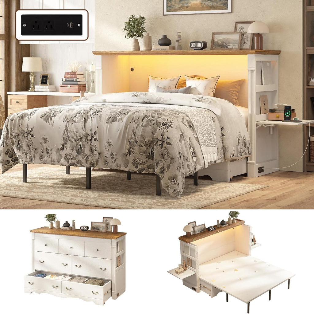 Full Murphy Cabinet Bed with Bedside Desk, Storage Shelves and LED, White