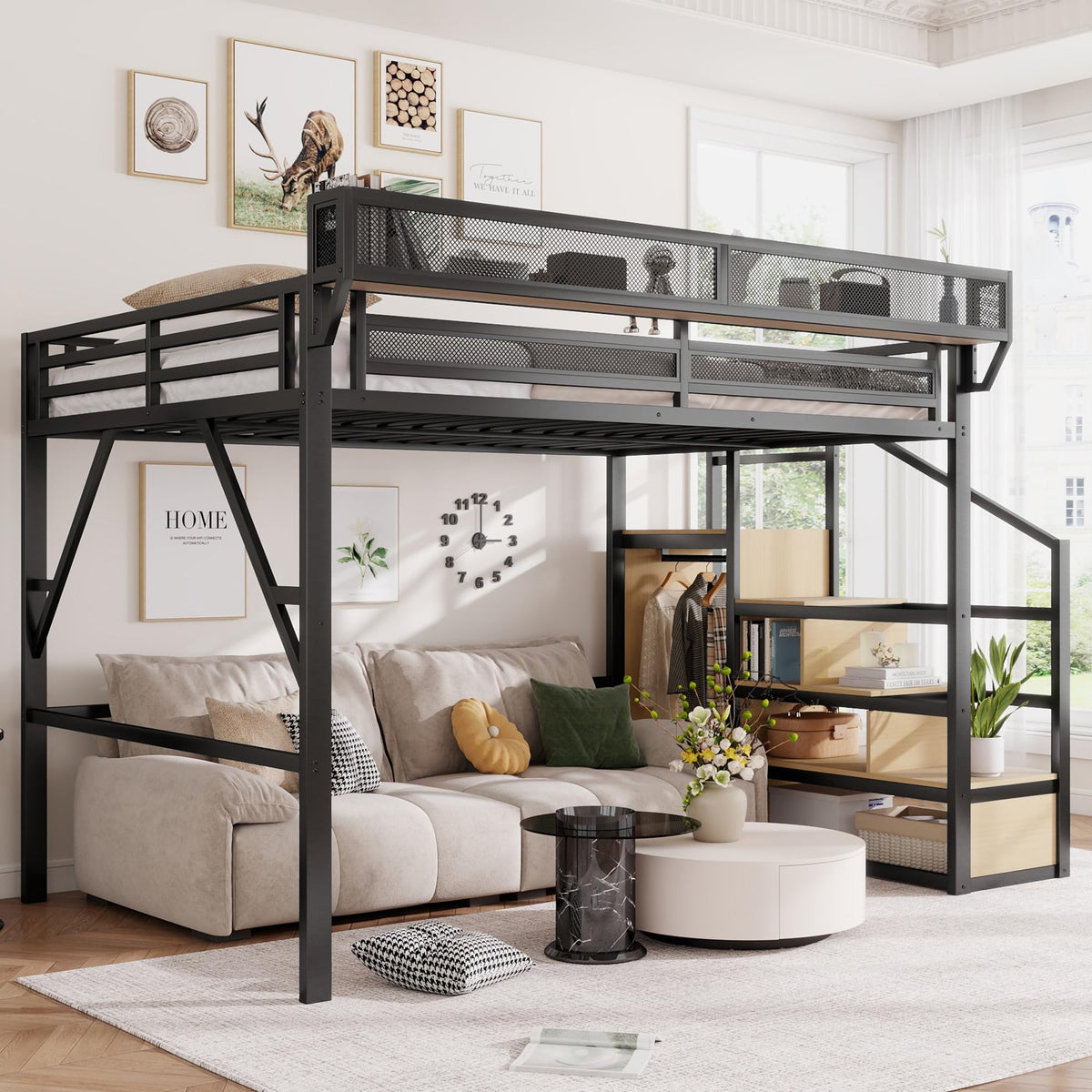 Mirightone Queen Size Loft Bed with Stairs and Storage, Metal Loft Bed Frame with Bedside Shelf and Large Under-Bed Space, Heavy-Duty Loft Beds for Adults Teens and Kids, Convertible Staircase, White