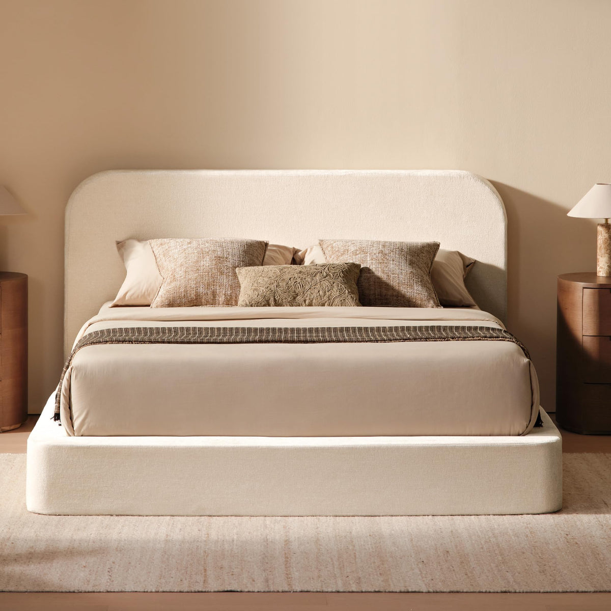 RECCI AirFrame Queen Upholstered Bed Frame with Rounded-Corner Headboard