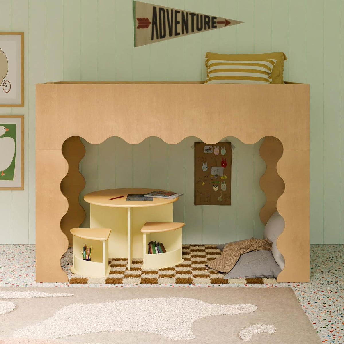 babyletto Kids Lido Wave Convertible Low Loft Twin Bed in Honey