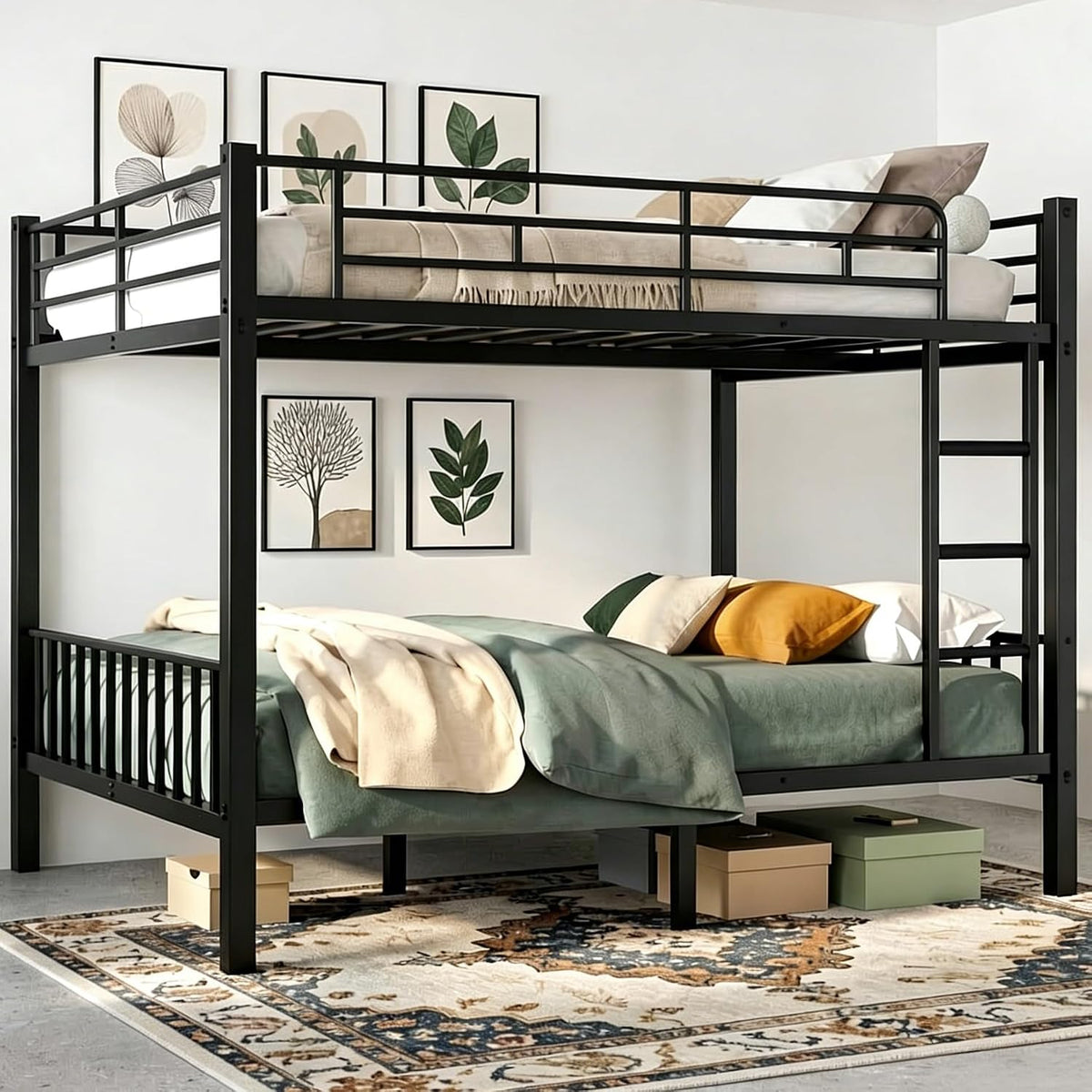 Queen over Queen Bunk Bed, Heavy Duty Bed frame with Ladder & Guardrails