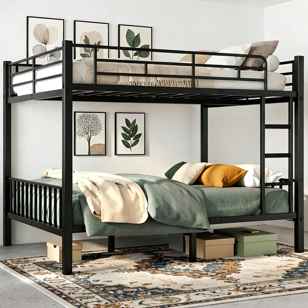 Queen over Queen Bunk Bed, Heavy Duty Bed frame with Ladder & Guardrails