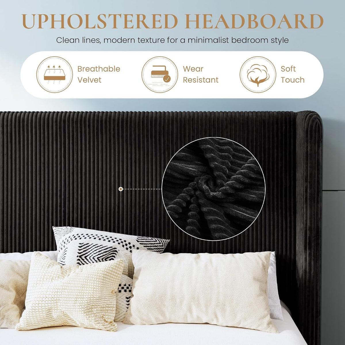 SHA CERLIN Full Corduroy Platform Bed with Tufted Wingback Headboard, Black