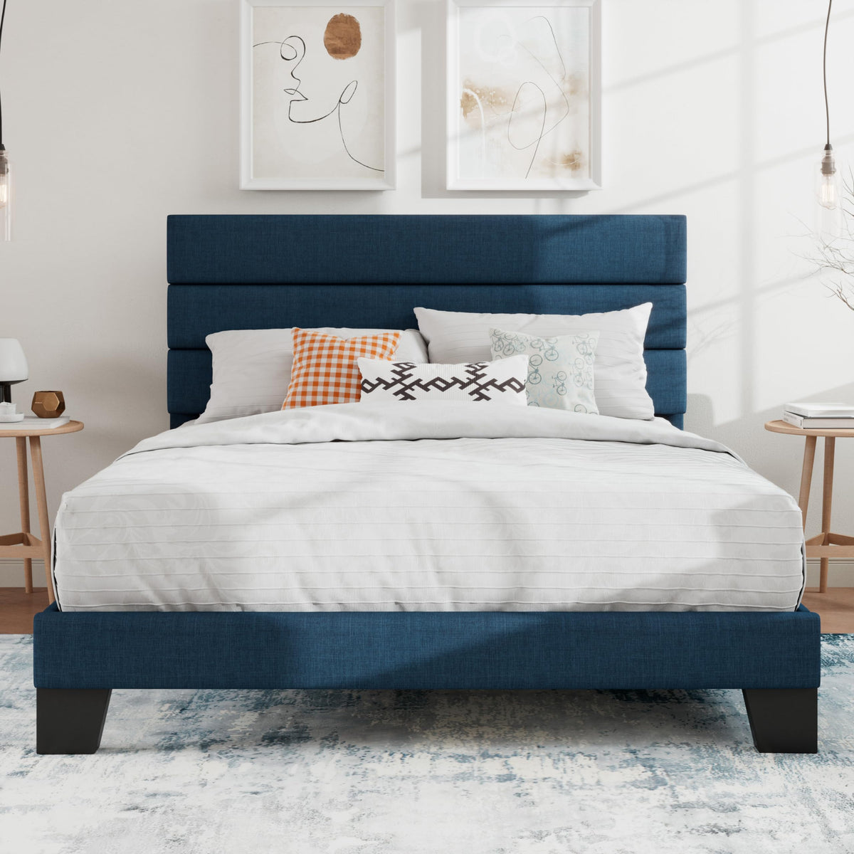 SHA CERLIN Queen Platform Bed Frame with Upholstered Fabric Headboard,Beige