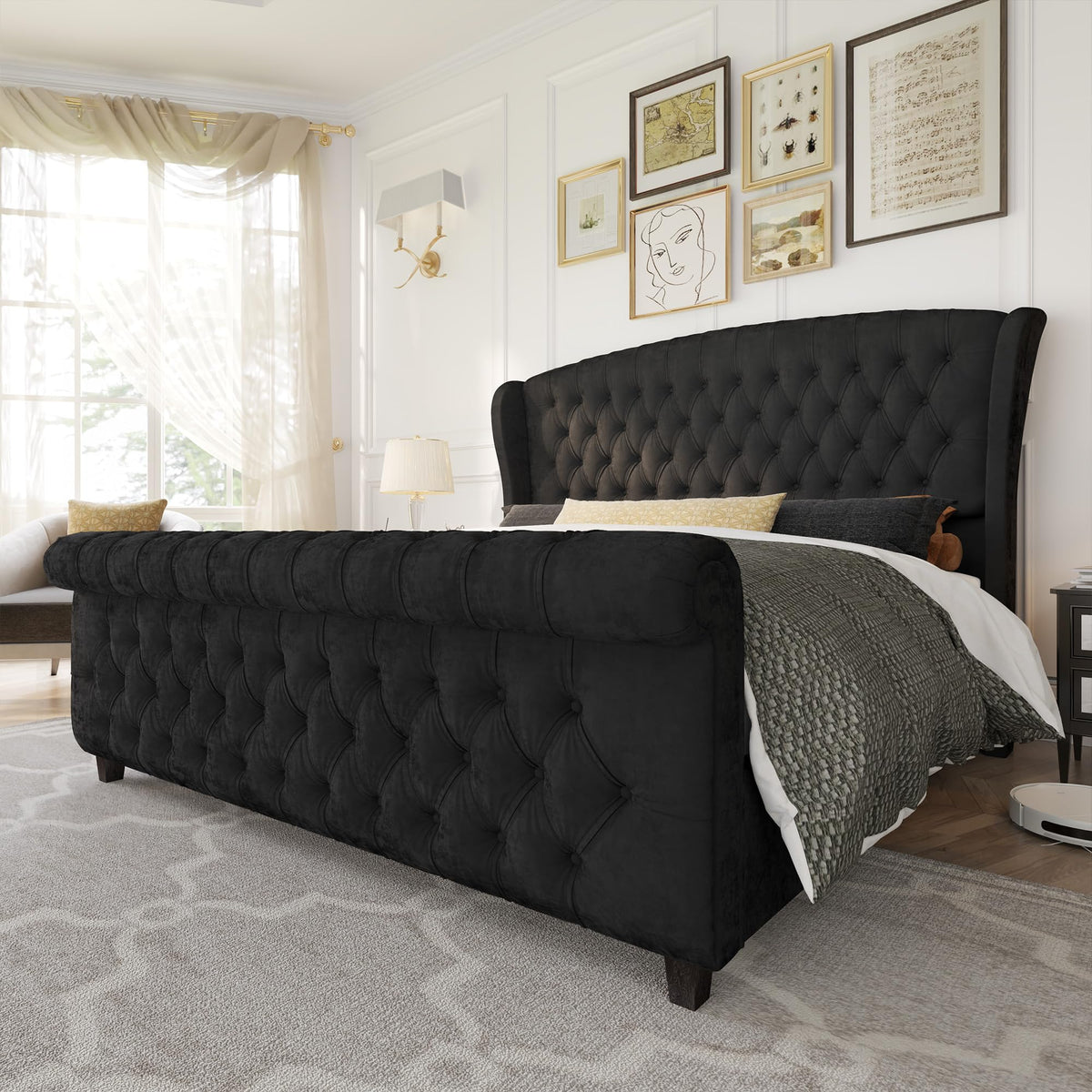 AMERLIFE Queen Size Upholstered Sleigh Bed Frame with Wingback Headboard