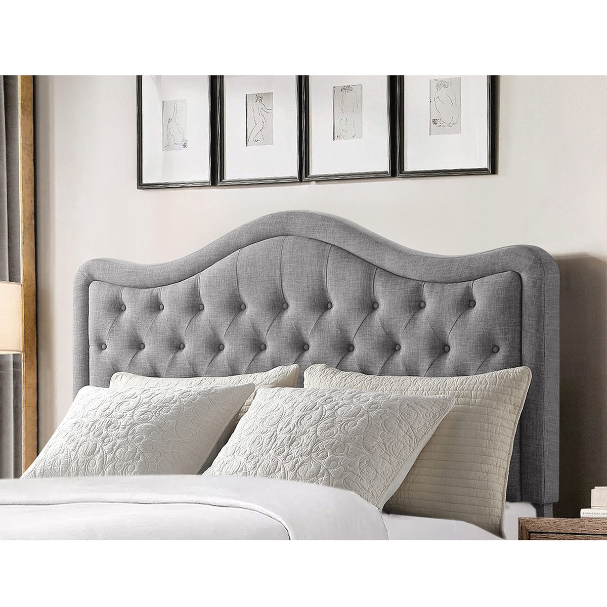 Rosevera Niana Upholstered Tufted Natural Linen Adjustable Headboard Bed with Adjustable Height for Bedroom, King, Sand