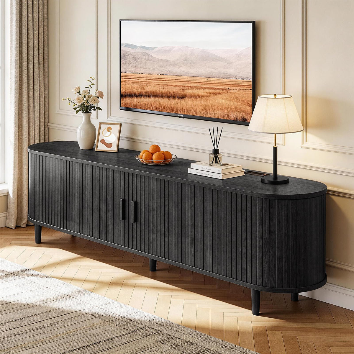 65" Mid Century Modern TV Stand with Power Outlet, Fluted Entertainment Center with Storage and Adjustable Shelves, Wood TV Console with Sliding Doors for Living Room, Walnut
