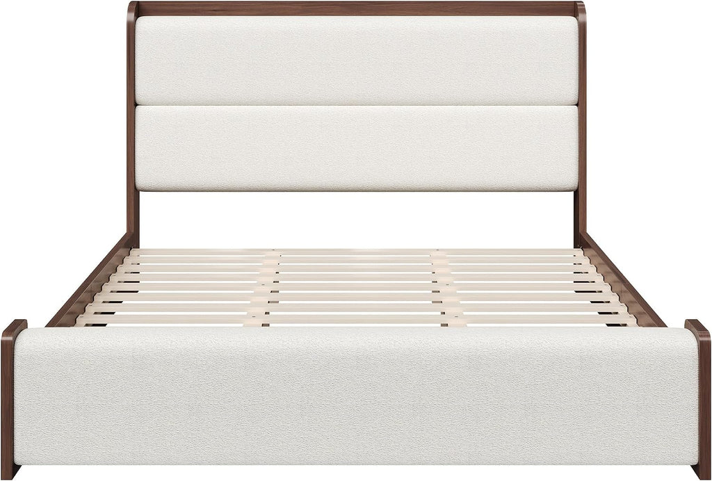 King Platform Bed Walnut with Boucle Upholstered Headboard & Footboard