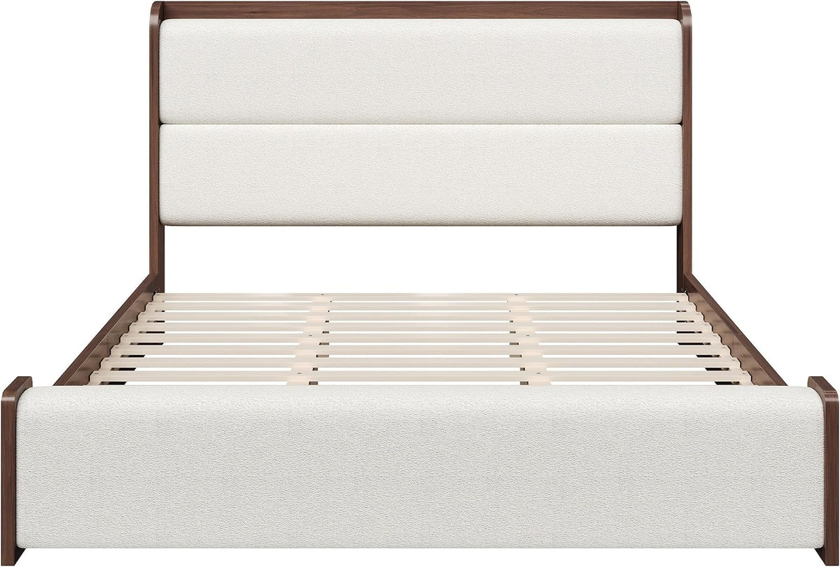 King Platform Bed Walnut with Boucle Upholstered Headboard & Footboard