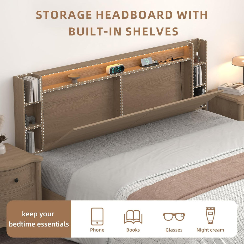 Queen Wall Mount Solid Wood Leg Headboard with Storage