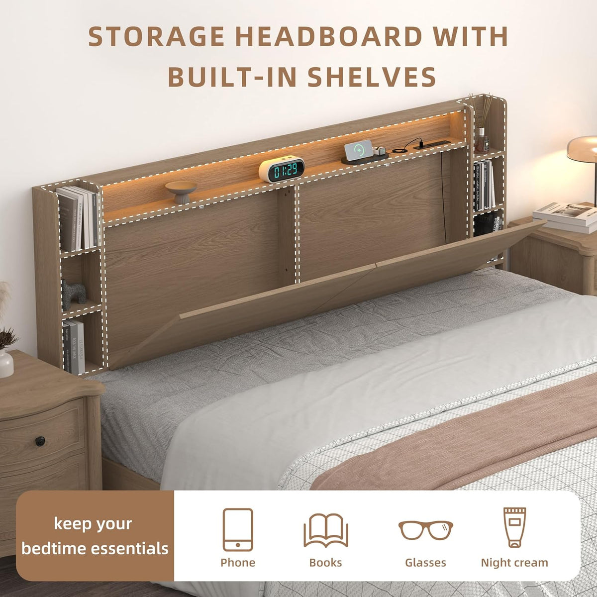 Queen Wall Mount Solid Wood Leg Headboard with Storage