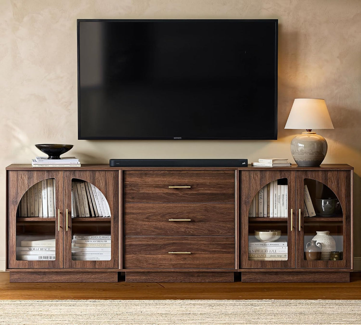 FORTUNETEC 94.4" Mid Century Modern TV Stand for 75 Inch TV,3 Pieces Walnut