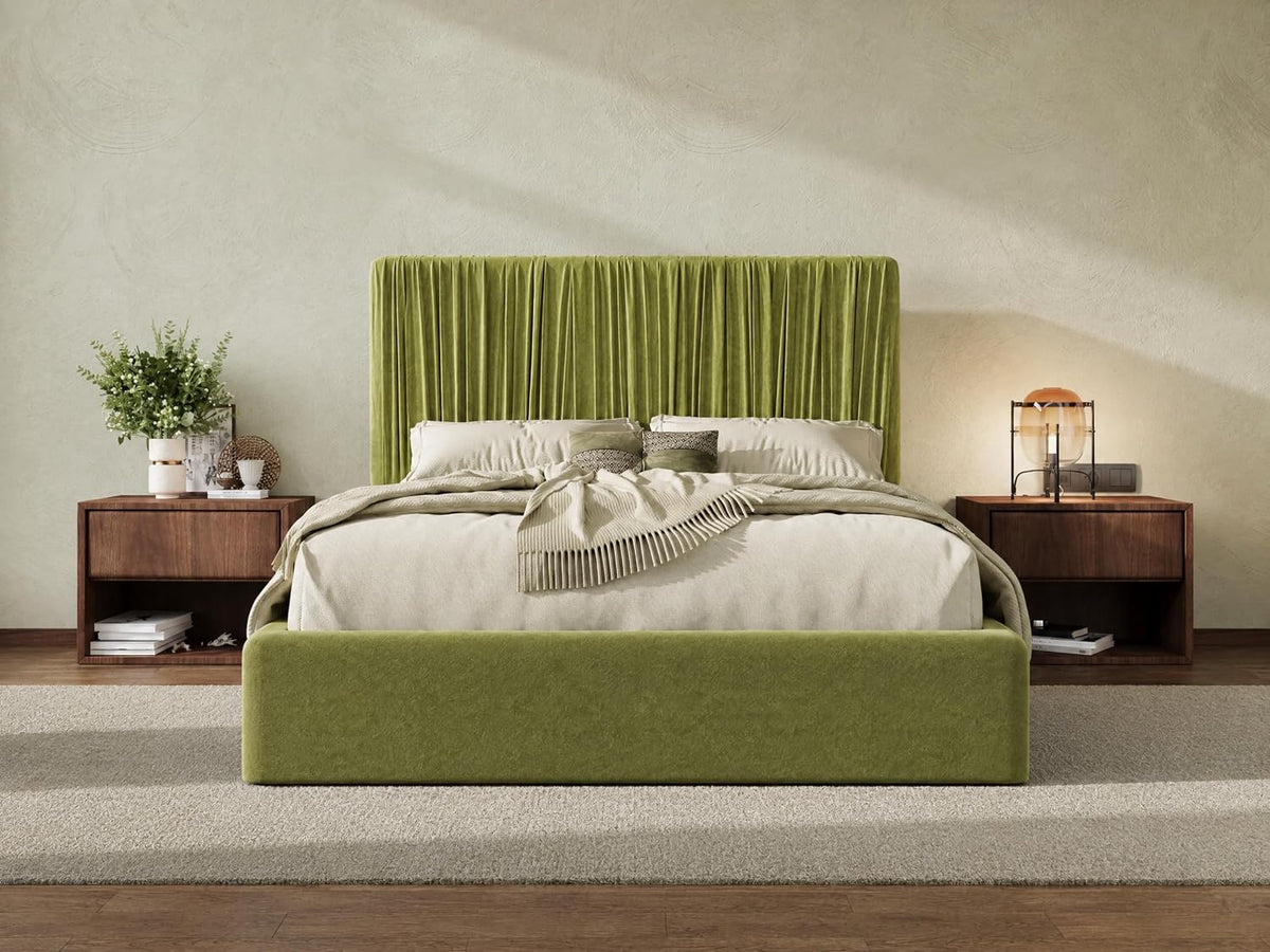 SHA CERLIN Queen Size Artisanal Pleated Velvet Bed Frame with Adjustable Headboard, Luxurious Upholstered Floor Platform Bed, Modern Low Profile Frame, Green