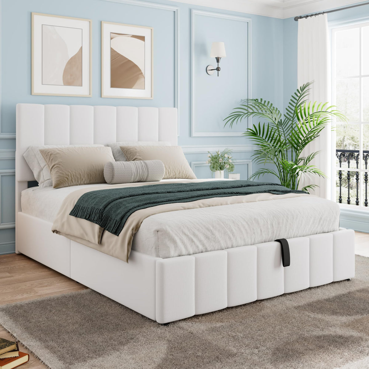 Gas Lift Up Storage Platform Bed, Upholstered Bed Frame with Hydraulic Storage System and Wooden Slat Support, Queen Size, Beige