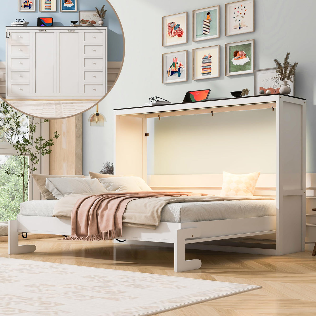 YOPTO Queen Murphy Bed with Storage Shelves and Desk,Cabinets,Lights,White