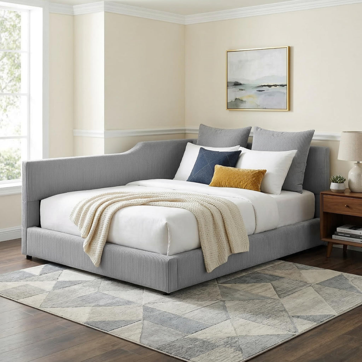 Merax Full Size Corduroy Upholstered Daybed with Headboard, Beige