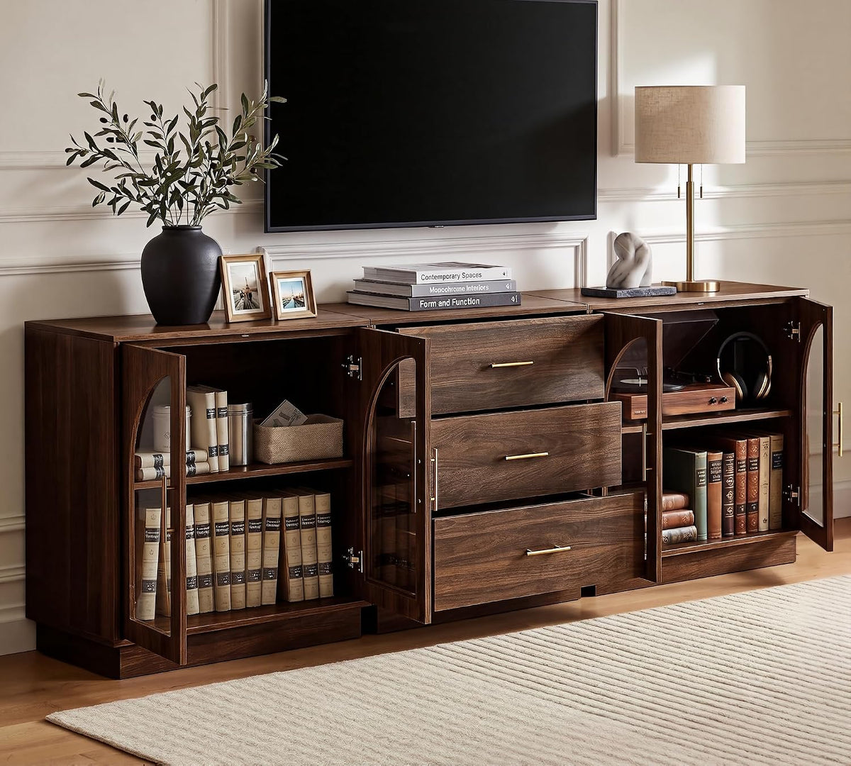 FORTUNETEC 94.4" Mid Century Modern TV Stand for 75 Inch TV,3 Pieces Walnut