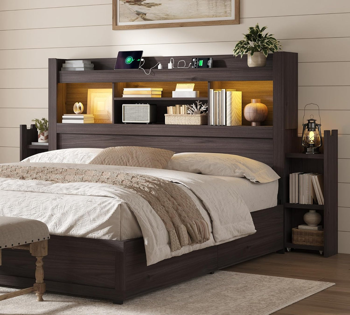 AMERLIFE Queen/Full Size Wood Headboard Only with Storage, Black Oak