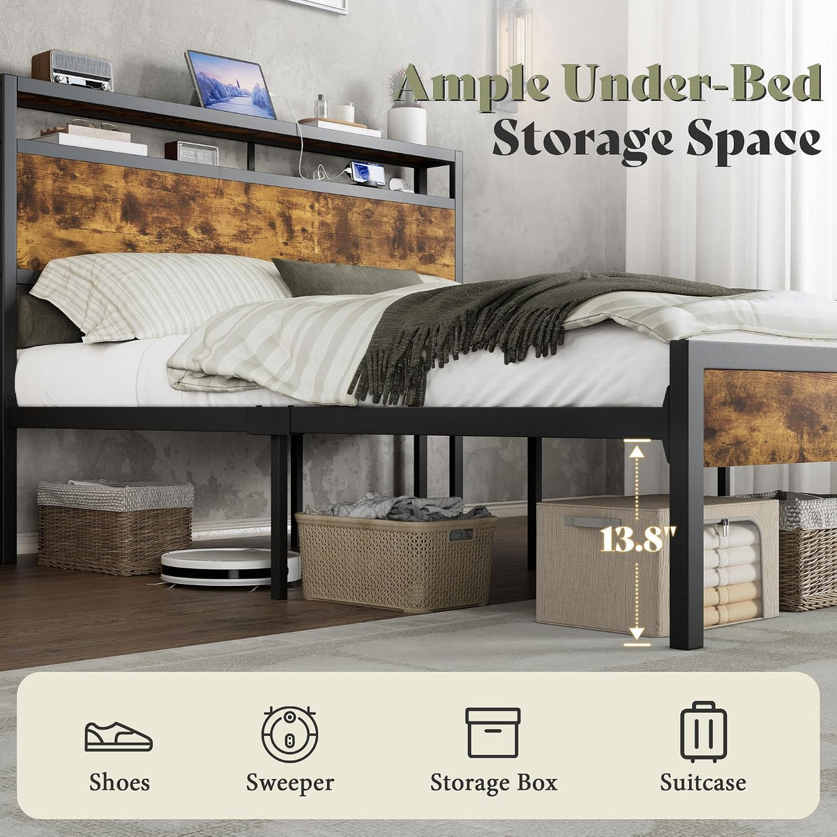 AMERLIFE King Size Platform Bed Frame with Charging Station