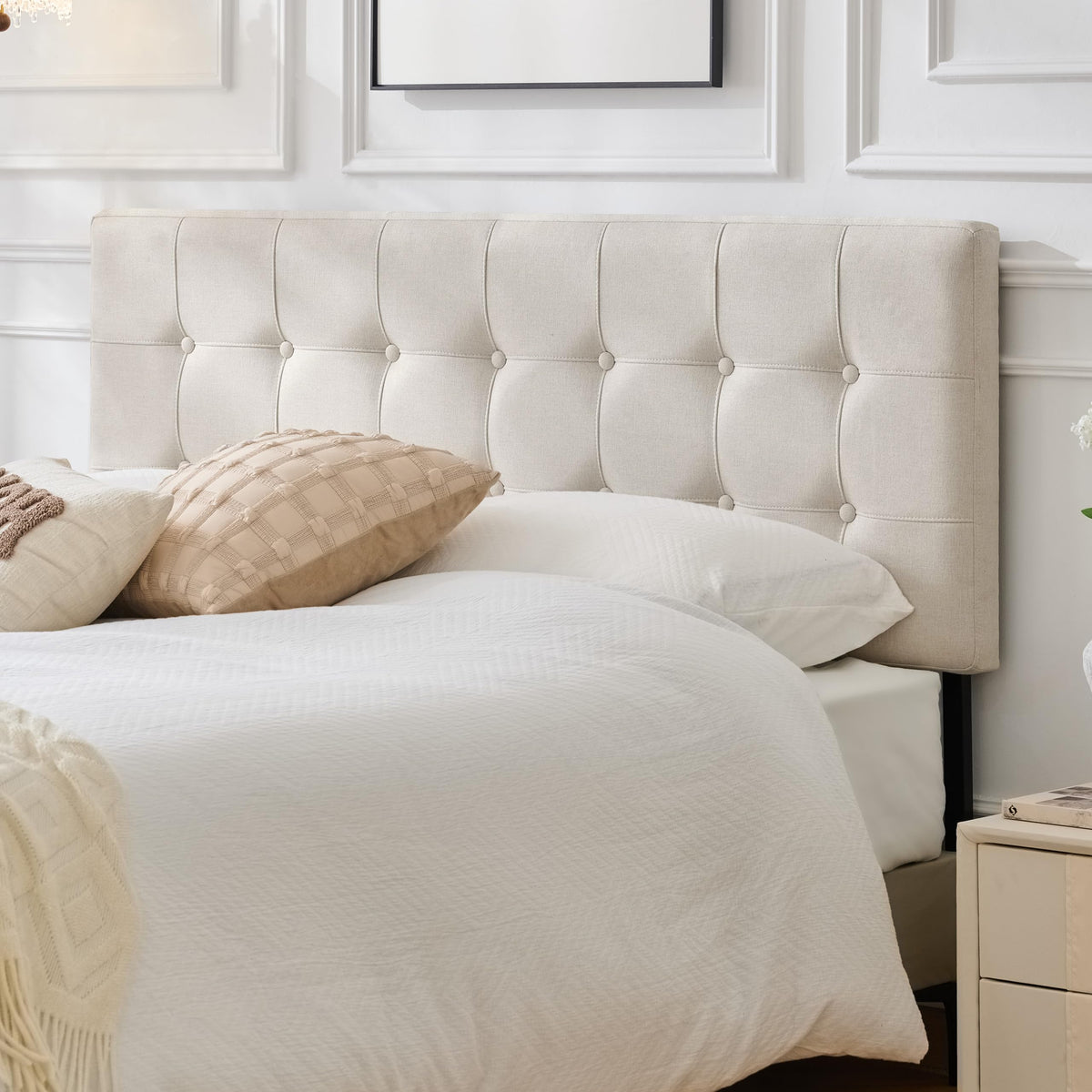 Linen Tufted Headboard Queen Size, Solid Wood Queen Headboard Only, Beige