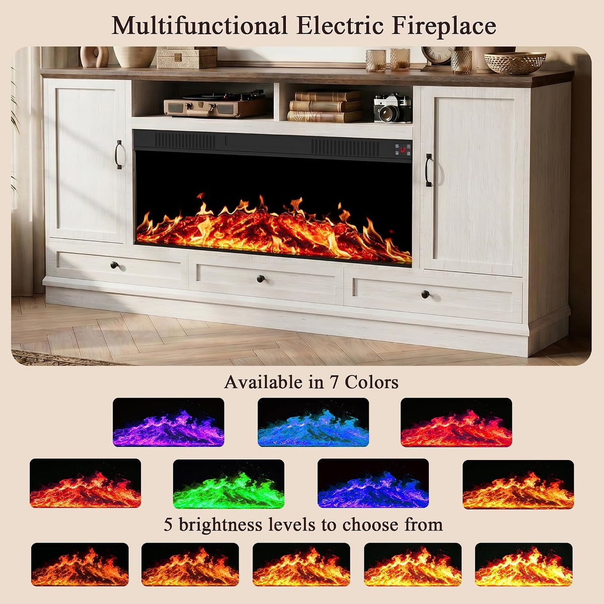 85" Large TV Stand with 47" Fireplace, 85" W & 39" H, Beige