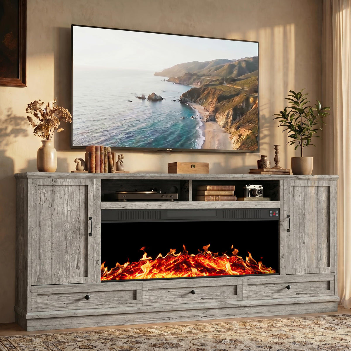 85" Large TV Stand with 47" Fireplace, 85" W & 39" H, Beige
