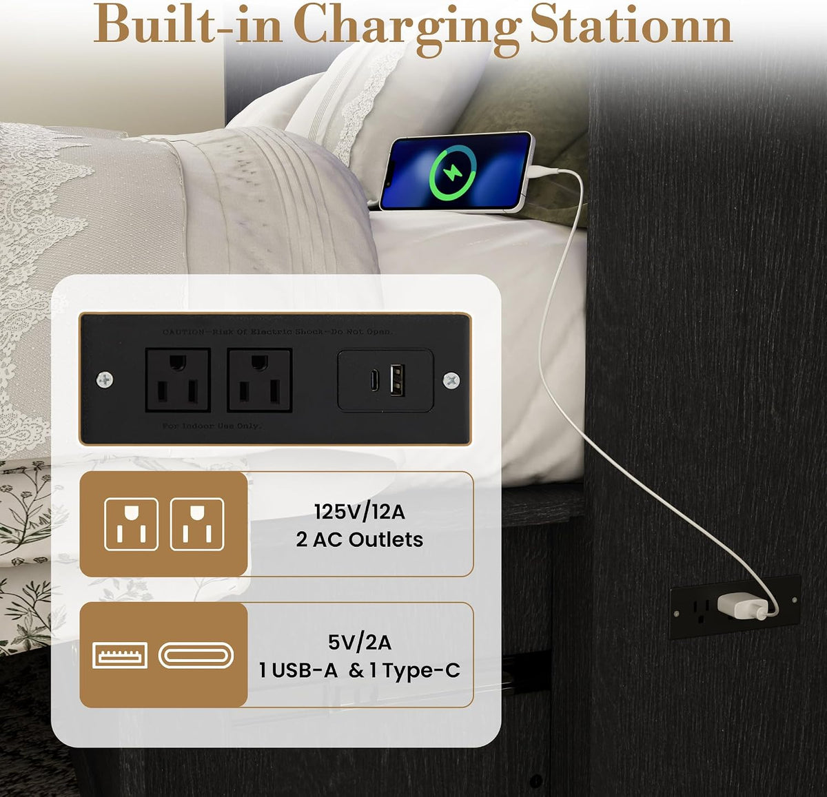 Queen Murphy Bed with Hidden Storage, Farmhouse Cabinet Bed with Storage Drawer, RGB LED Lights & Charging Station, Space-Saving Wall Bed with 6 Metal Legs, Black