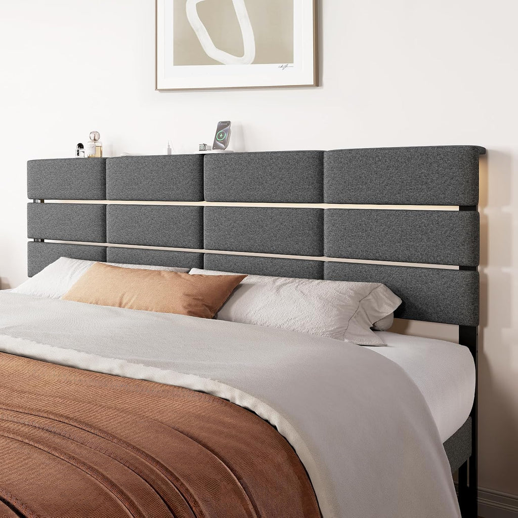 King/Cal King Size Headboard with Charging Station & Lights, Dark Grey