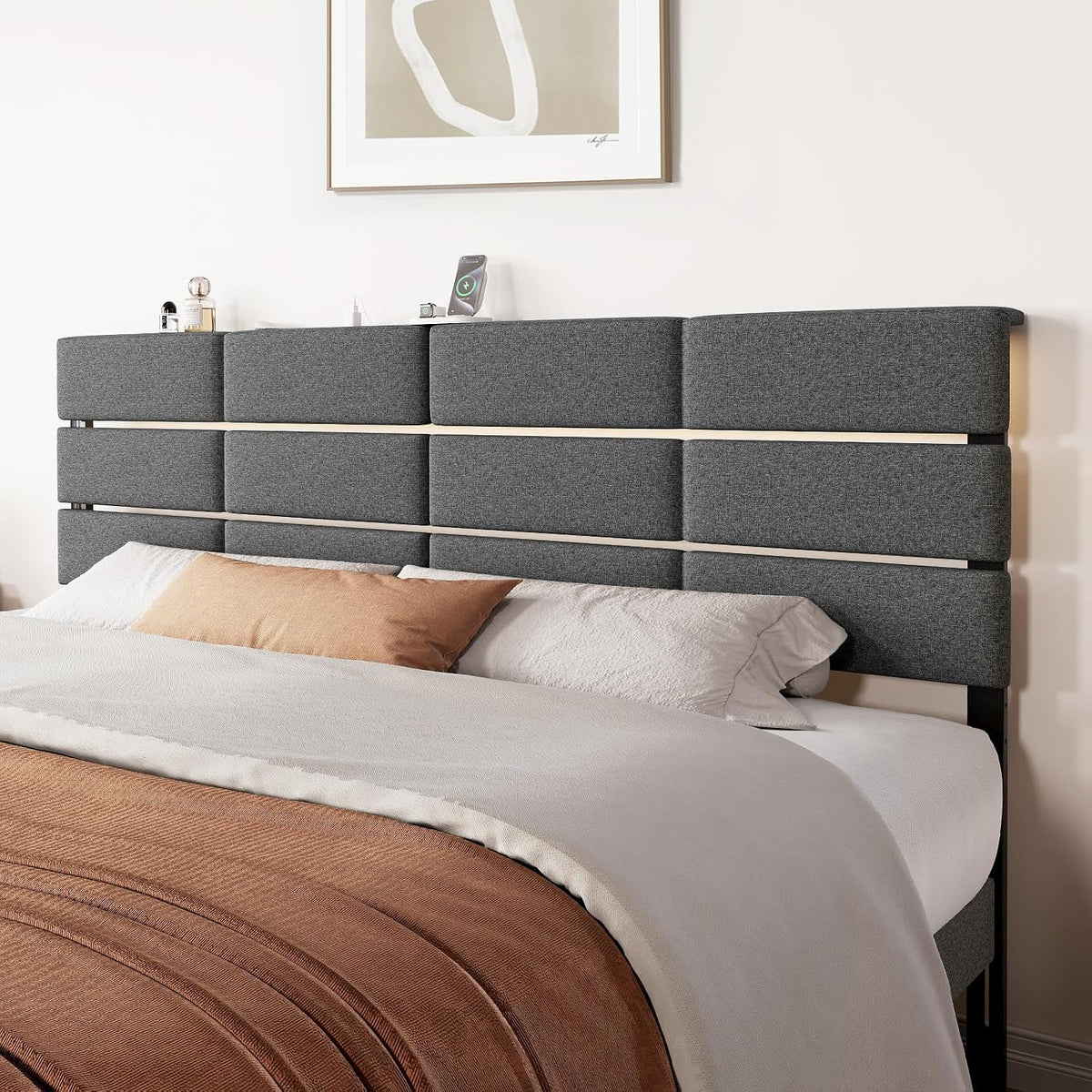 King/Cal King Size Headboard with Charging Station & Lights, Dark Grey