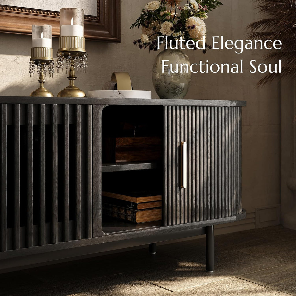 POVISON 94.49" Wood Fully-Assembled Sliding Tambour Door TV Stand, Black