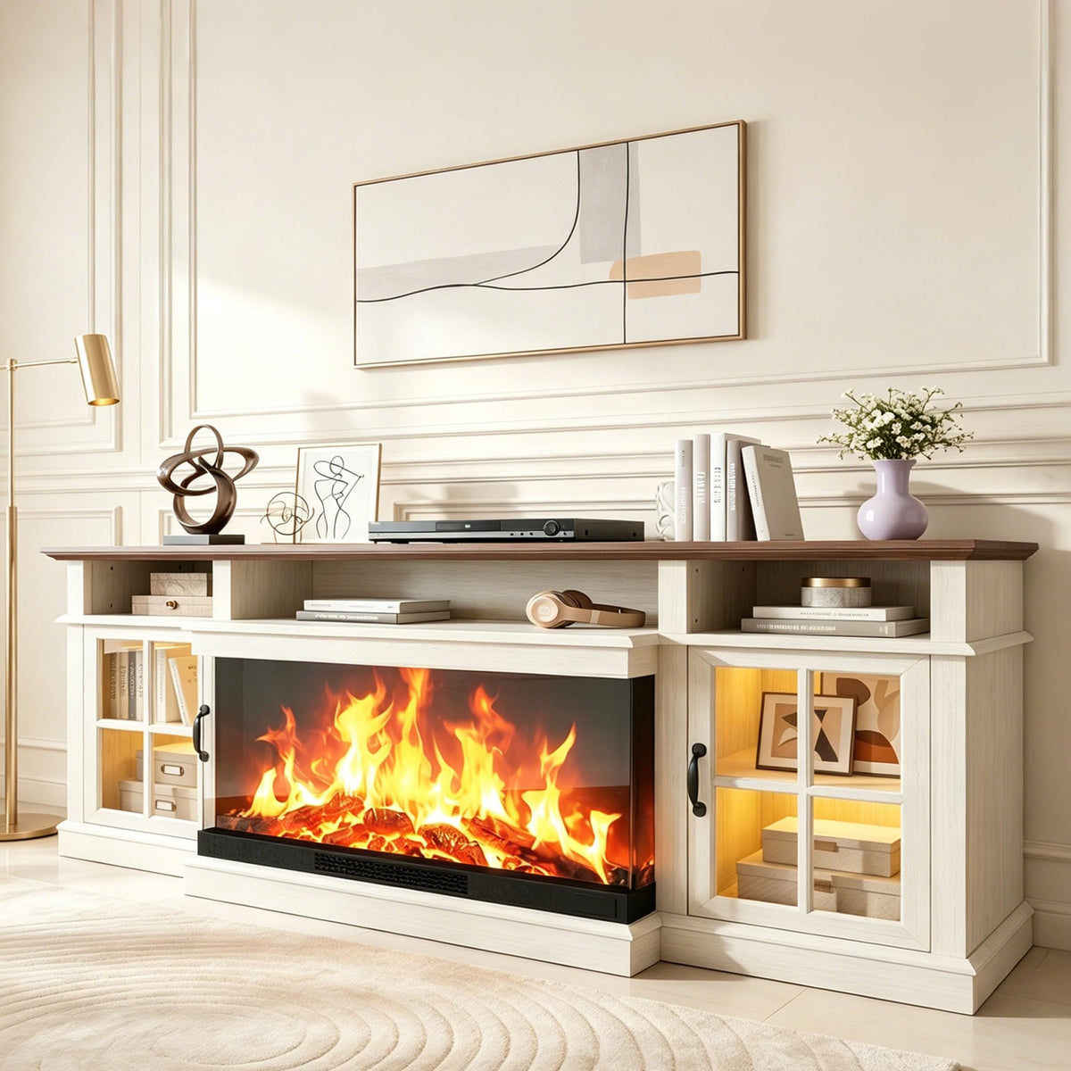 98" Farmhouse TV Stand with 36" Fireplace, Black & Black