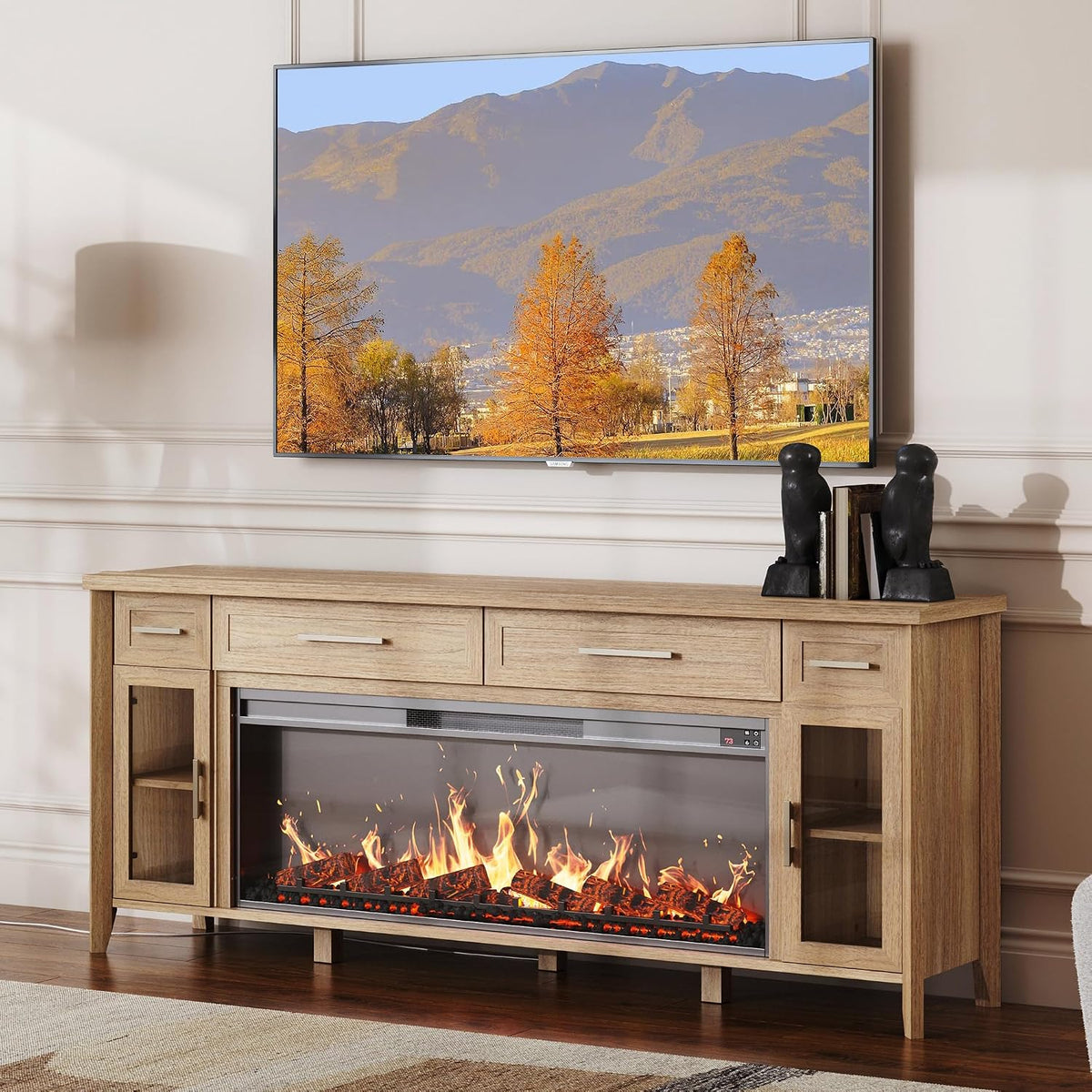BELLEZE 74" Apex Extra Large TV Stand with 48" Electric Fireplace - Camel