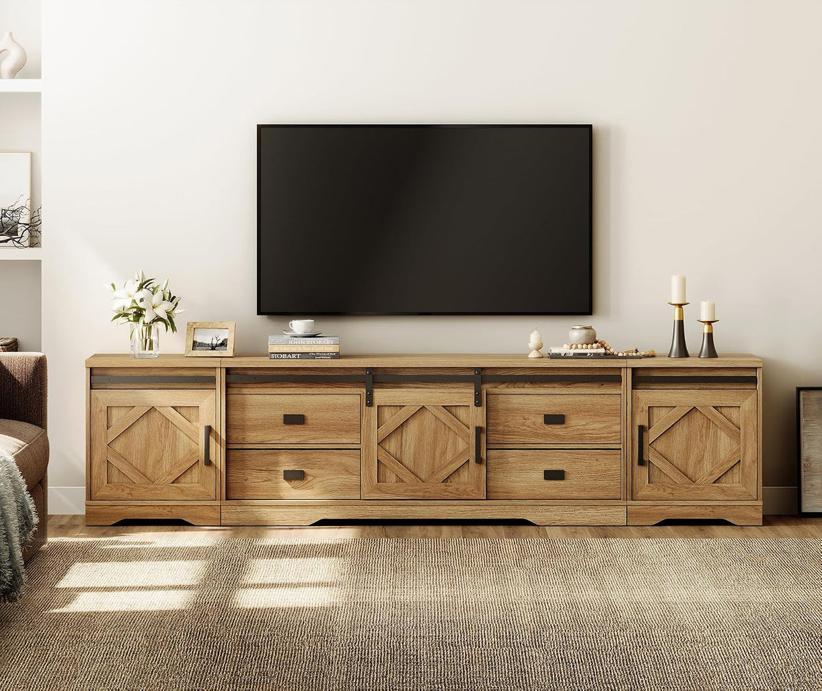WAMPAT 98.5 inch Wide Large Farmhouse TV Stand w/Drawers & Storage Cabinet