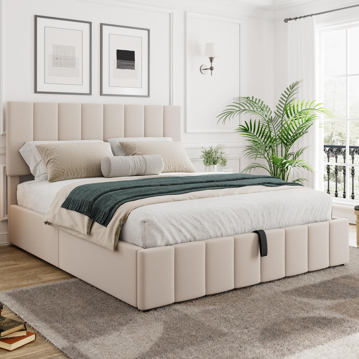 Gas Lift Up Storage Platform Bed, Upholstered Bed Frame with Hydraulic Storage System and Wooden Slat Support, Queen Size, Beige