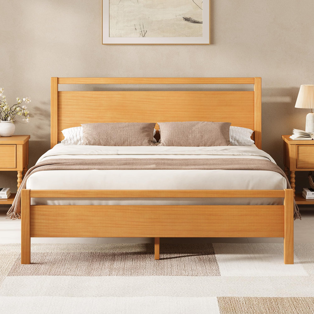 AMERLIFE Minimalist Queen Size Solid Wood Bed Frame with Headboard
