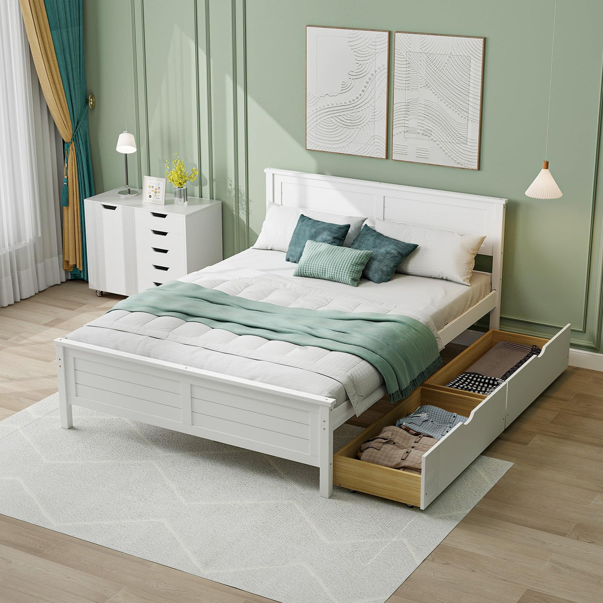 Giantex Wood Twin Bed with 2 Storage Drawers, Solid Wood Platform Bed with Headboard, Wooden Slats Support Mattress Foundation, No Spring Needed, Twin Bed Frame for Kids, Teens, Adults, White