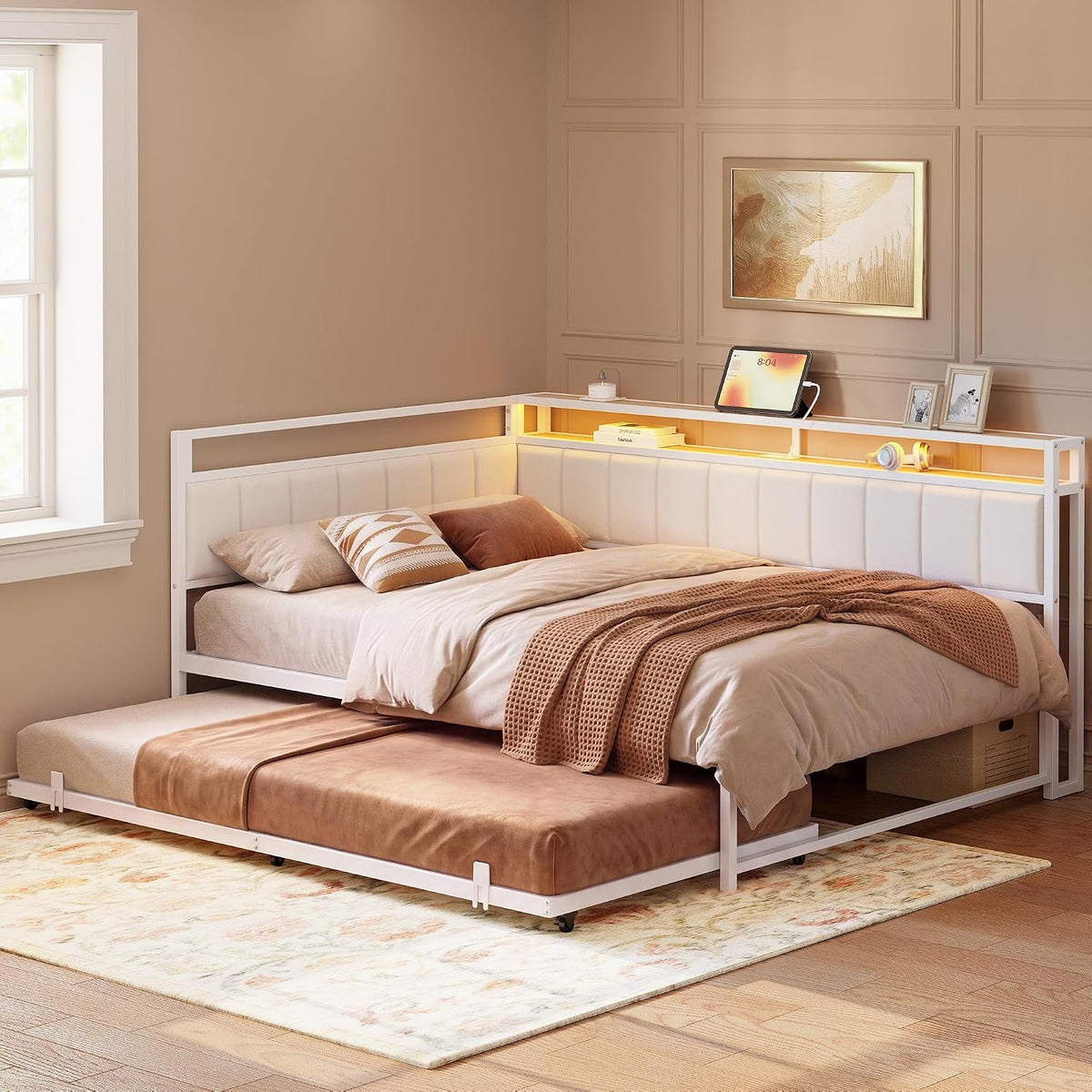 LIKIMIO Full Daybed with Trundle, Charging Station & LED, White