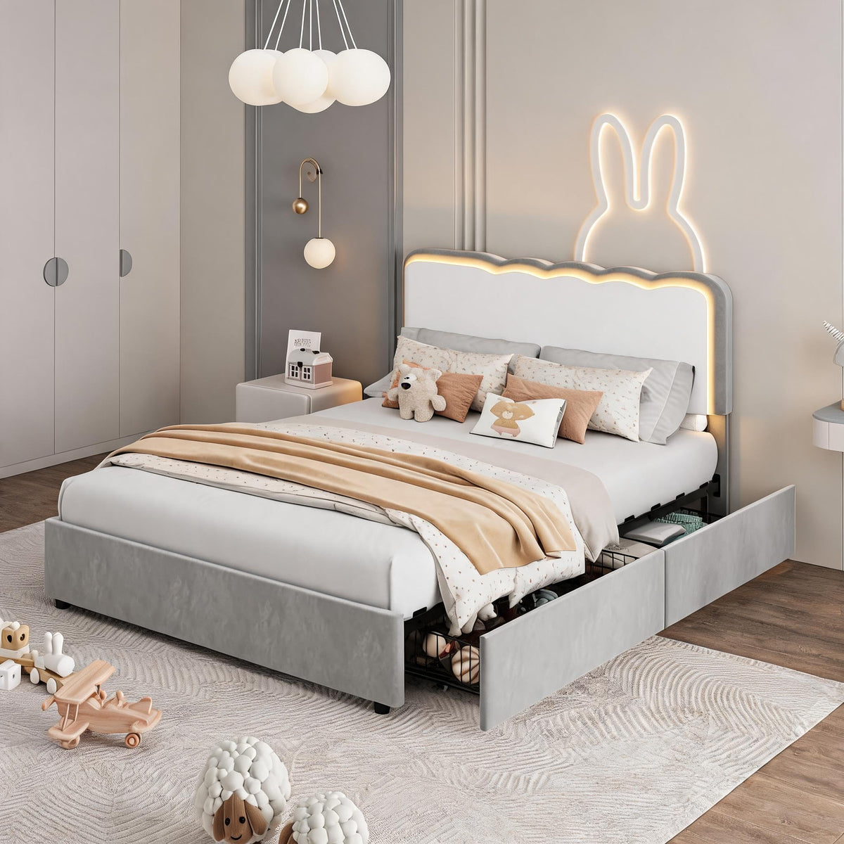 Garvee Irregular Wave LED 2-Drawer Soft Upholstered Bed, Soft Padding