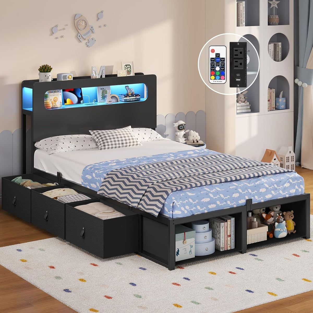 ADORNEVE Twin Bed Frame with 6 Storage Drawers & LED Headboard, Black