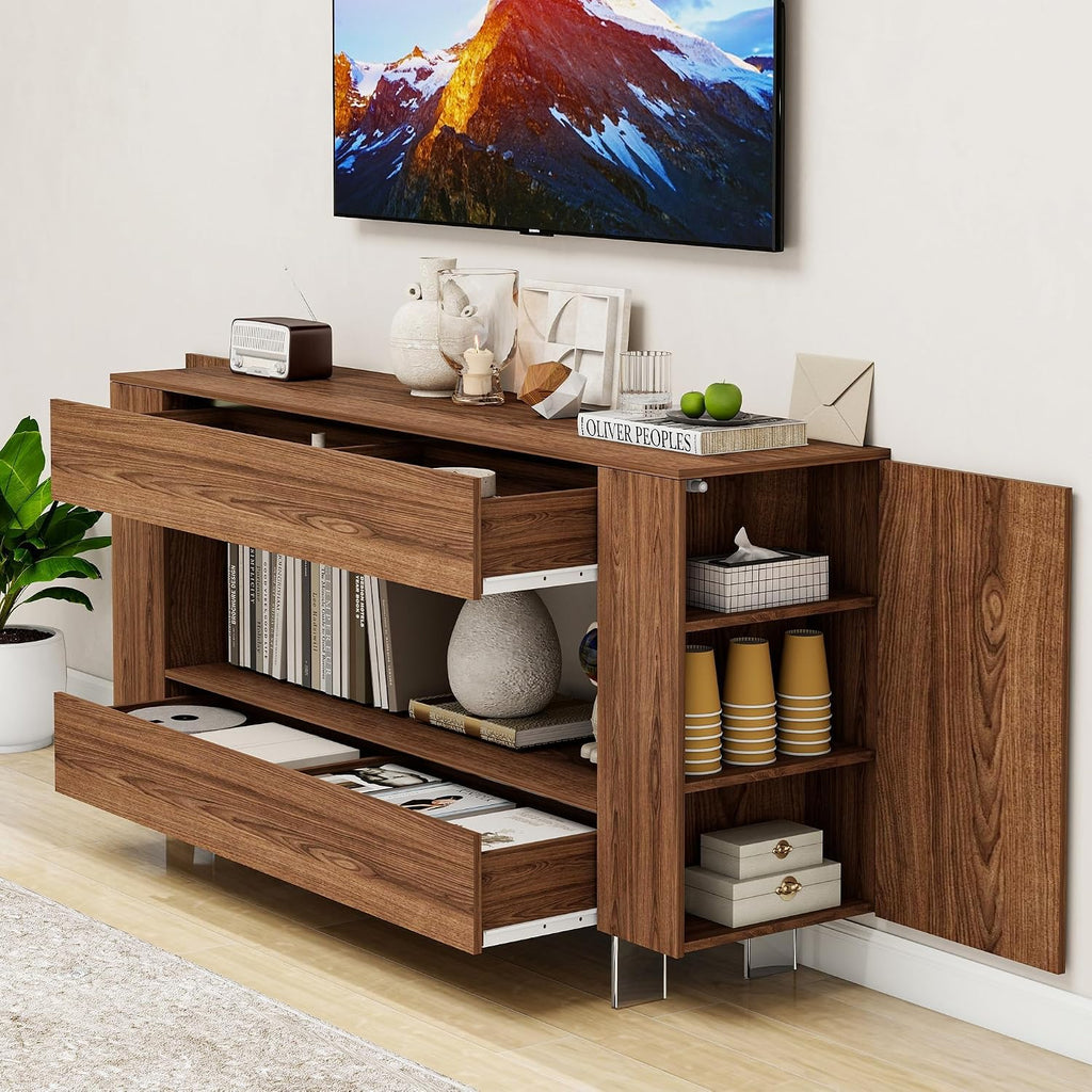 65" TV Stand with 2 Drawers & Hidden Cabinets, Brown Wood Grain Finish