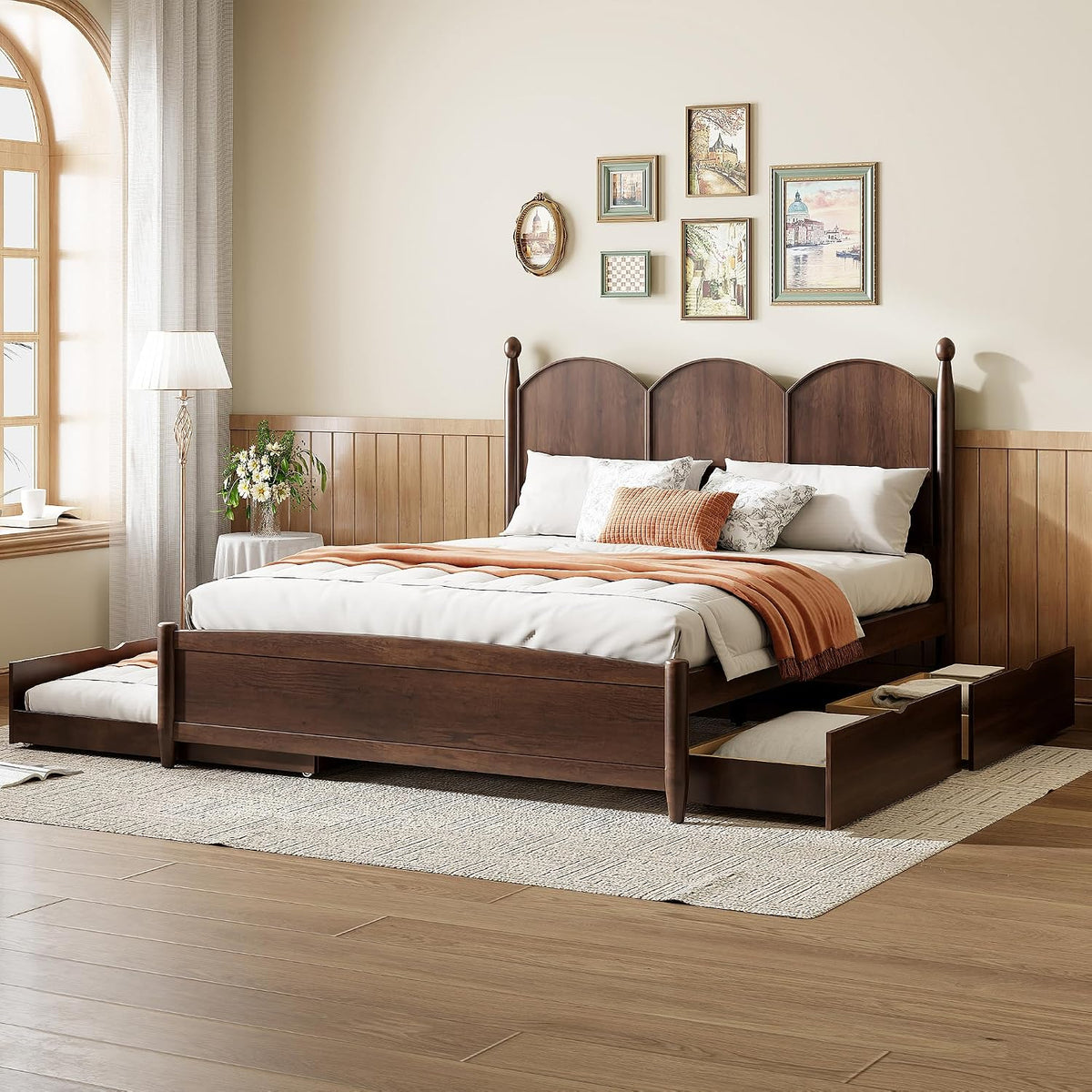 Merax Queen Size Platform Bed with 2 Storage Drawers and Twin XL Size Trundle, Rustic Design Wooden Bed Frame, Walnut