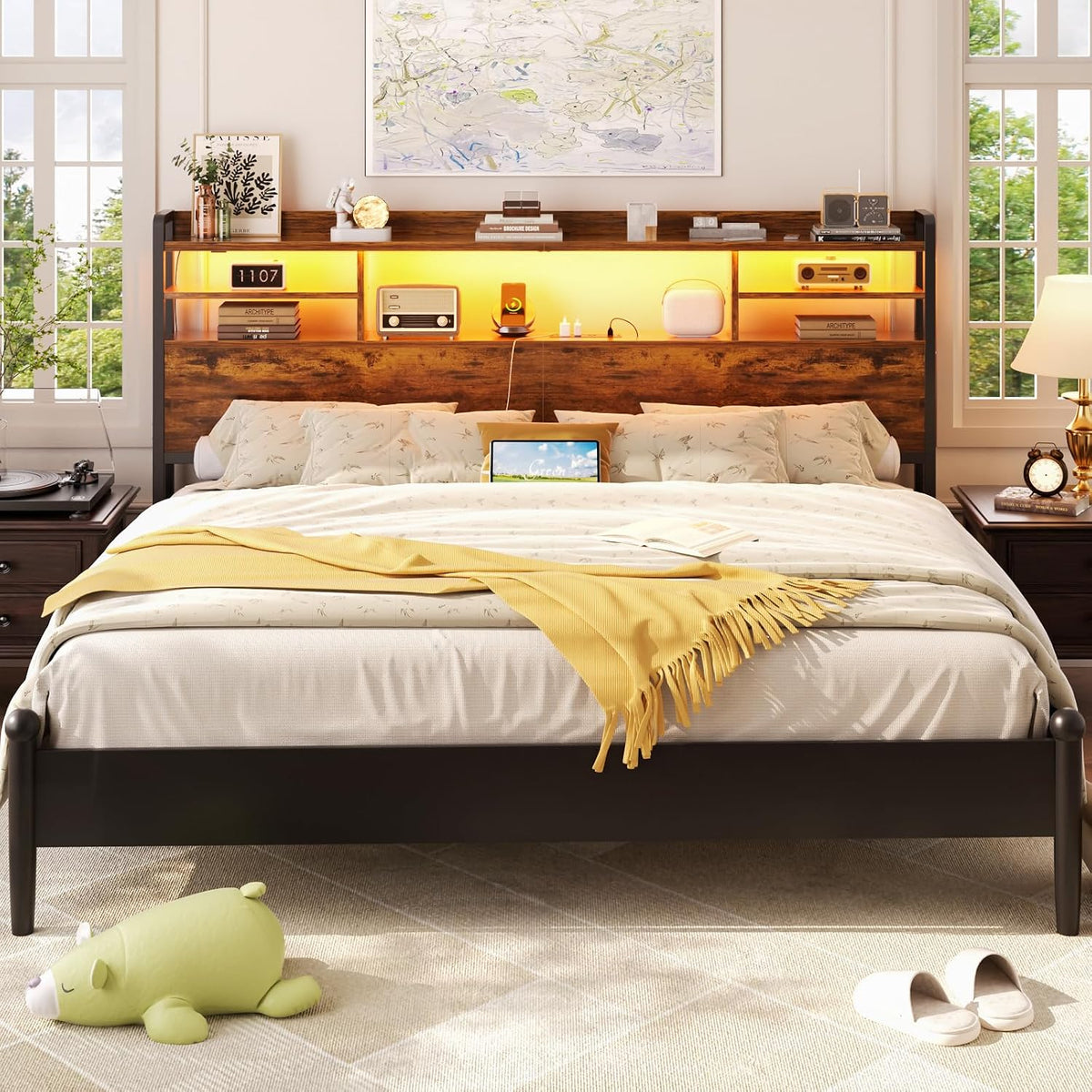 Aheaplus Headboard for Queen Size Bedwith Storage and Outlets, Rustic Brown