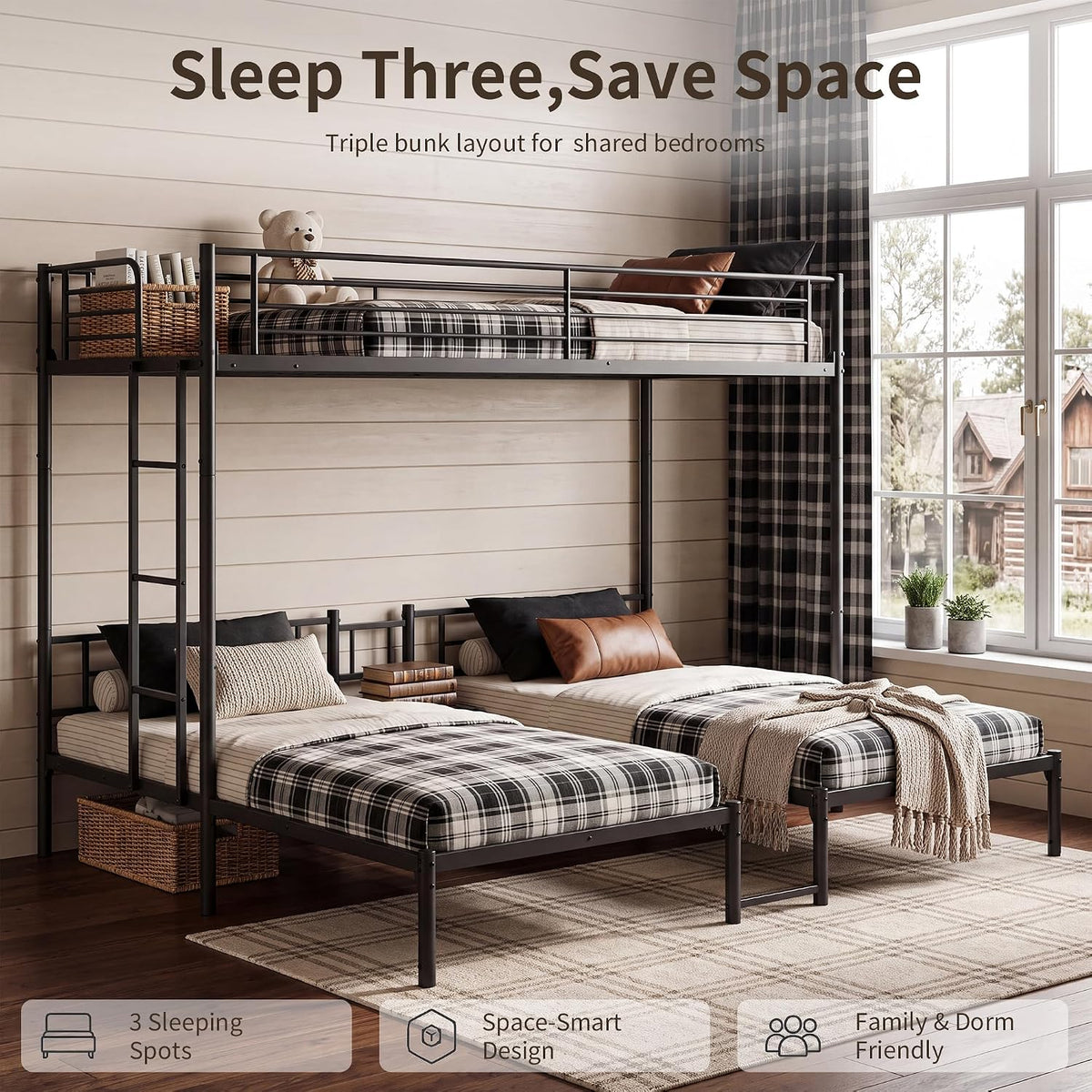 KEIKI Heavy Duty Triple Bunk Bed, Twin Over Twin Over Twin Bund Bed for 3, Black
